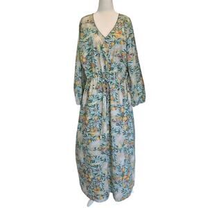 New India Collection Bird Dress Hand Blocked Caftan Blue Green XS
